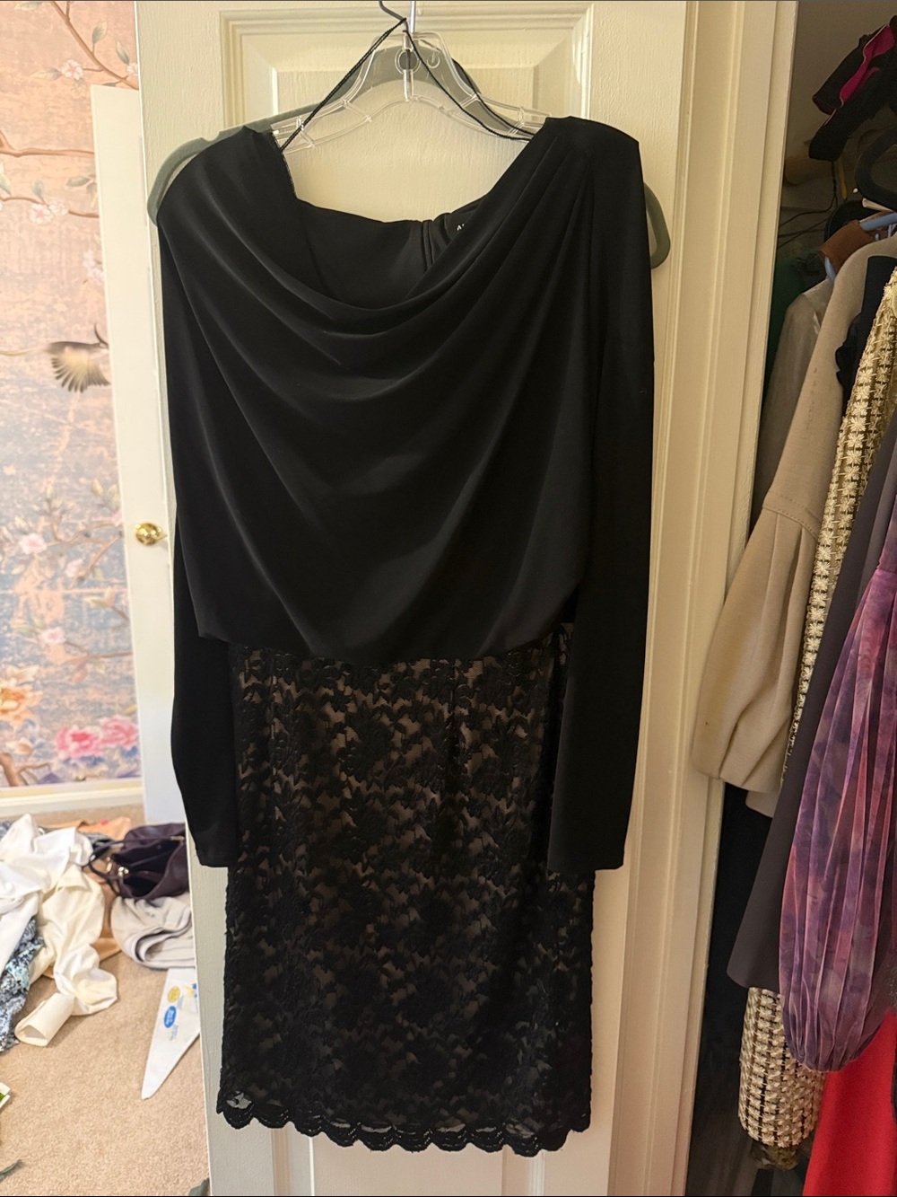 Adrianna Papell Black Draped Neck Lace Overlay Long Sleeve Dress
